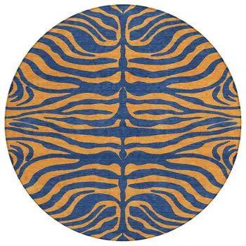 8' Navy Blue And Pink Round Animal Print Washable Indoor Outdoor Area Rug