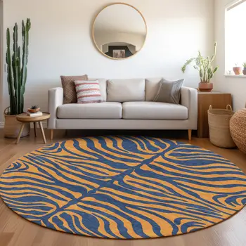 8' Navy Blue And Pink Round Animal Print Washable Indoor Outdoor Area Rug