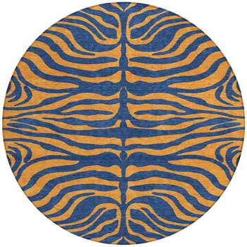 8' Navy Blue And Pink Round Animal Print Washable Indoor Outdoor Area Rug