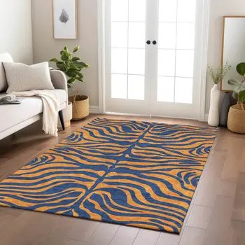 9' X 12' Navy Blue And Pink Animal Print Washable Indoor Outdoor Area Rug