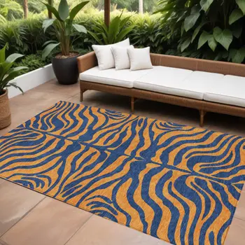 10' X 14' Navy Blue And Pink Animal Print Washable Indoor Outdoor Area Rug