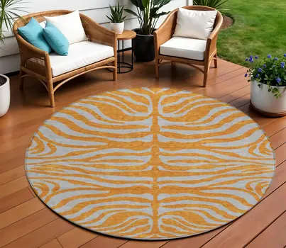 8' Copper And Gray Round Animal Print Washable Indoor Outdoor Area Rug