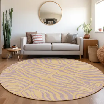8' Peach And Purple Round Animal Print Washable Indoor Outdoor Area Rug