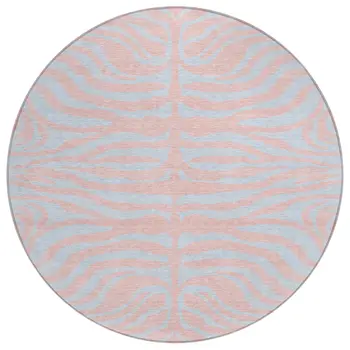8' Pink And Gray Round Animal Print Washable Indoor Outdoor Area Rug
