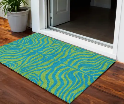 3' X 5' Teal Blue And Green Animal Print Washable Indoor Outdoor Area Rug