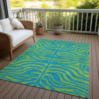 3' X 5' Teal Blue And Green Animal Print Washable Indoor Outdoor Area Rug