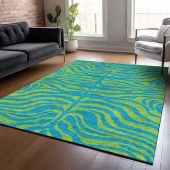 3' X 5' Teal Blue And Green Animal Print Washable Indoor Outdoor Area Rug