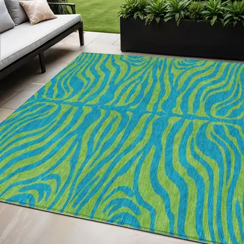5' X 8' Teal Blue And Green Animal Print Washable Indoor Outdoor Area Rug