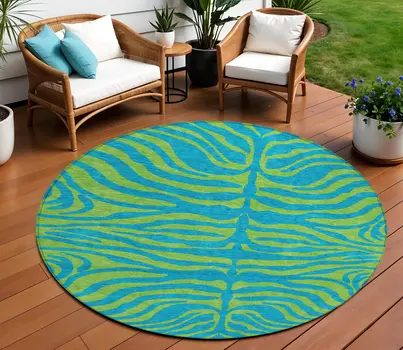 8' Teal Blue And Green Round Animal Print Washable Indoor Outdoor Area Rug