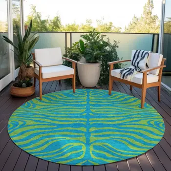 8' Teal Blue And Green Round Animal Print Washable Indoor Outdoor Area Rug