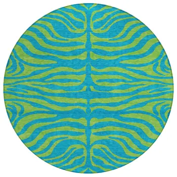 8' Teal Blue And Green Round Animal Print Washable Indoor Outdoor Area Rug
