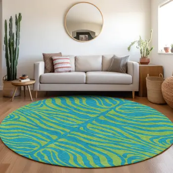 8' Teal Blue And Green Round Animal Print Washable Indoor Outdoor Area Rug