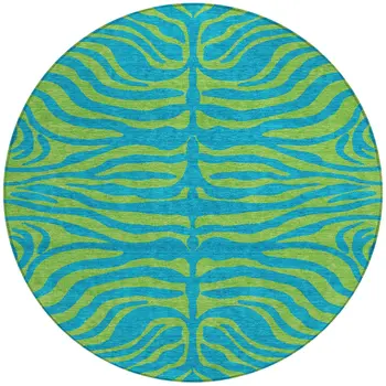 8' Teal Blue And Green Round Animal Print Washable Indoor Outdoor Area Rug