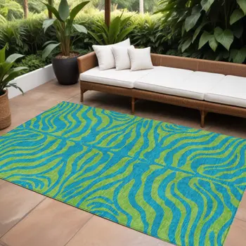 10' X 14' Teal Blue And Green Animal Print Washable Indoor Outdoor Area Rug
