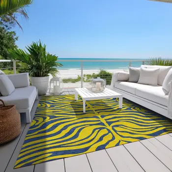 5' X 8' Yellow And Blue Animal Print Washable Indoor Outdoor Area Rug