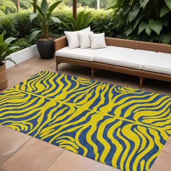 8' X 10' Yellow And Blue Animal Print Washable Indoor Outdoor Area Rug