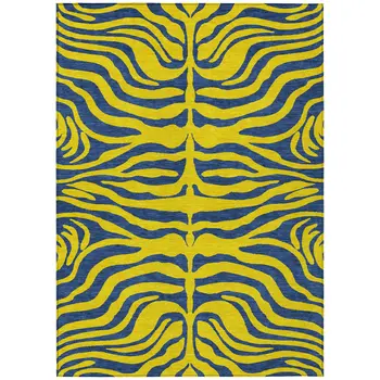 9' X 12' Yellow And Blue Animal Print Washable Indoor Outdoor Area Rug