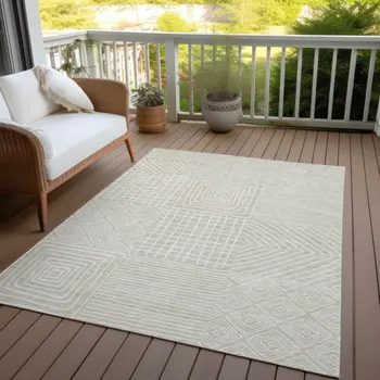 5' X 8' Beige And Ivory Geometric Washable Indoor Outdoor Area Rug