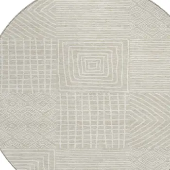 8' Beige And Ivory Round Geometric Washable Indoor Outdoor Area Rug
