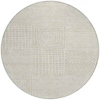 8' Beige And Ivory Round Geometric Washable Indoor Outdoor Area Rug