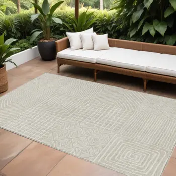 8' X 10' Beige And Ivory Geometric Washable Indoor Outdoor Area Rug