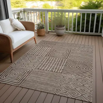 3' X 5' Brown And Ivory Geometric Washable Indoor Outdoor Area Rug