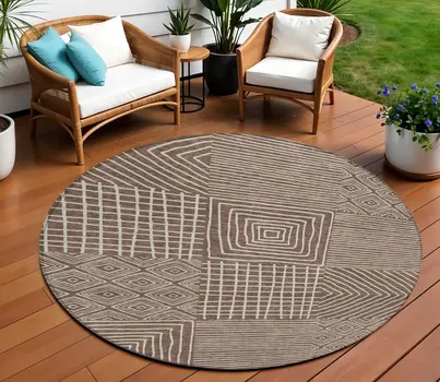 8' Brown And Ivory Round Geometric Washable Indoor Outdoor Area Rug