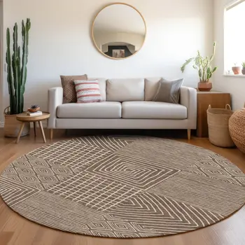 8' Brown And Ivory Round Geometric Washable Indoor Outdoor Area Rug