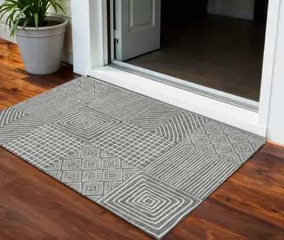 3' X 5' Charcoal And Ivory Geometric Washable Indoor Outdoor Area Rug