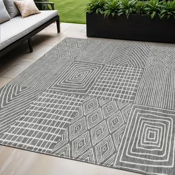 5' X 8' Charcoal And Ivory Geometric Washable Indoor Outdoor Area Rug