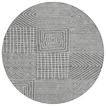 8' Charcoal And Ivory Round Geometric Washable Indoor Outdoor Area Rug