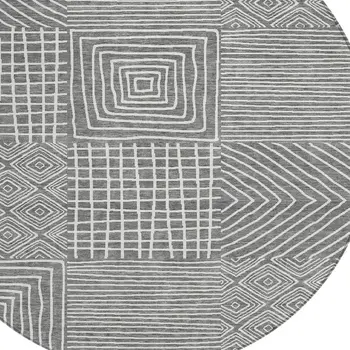8' Charcoal And Ivory Round Geometric Washable Indoor Outdoor Area Rug