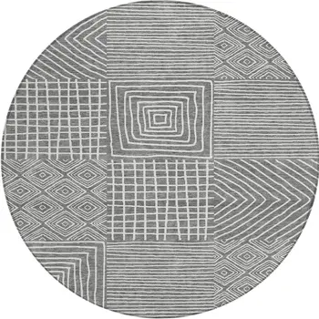 8' Charcoal And Ivory Round Geometric Washable Indoor Outdoor Area Rug