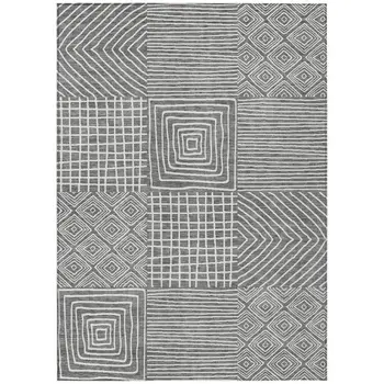 9' X 12' Charcoal And Ivory Geometric Washable Indoor Outdoor Area Rug