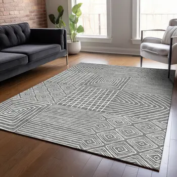 9' X 12' Charcoal And Ivory Geometric Washable Indoor Outdoor Area Rug