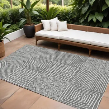 10' X 14' Charcoal And Ivory Geometric Washable Indoor Outdoor Area Rug