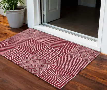 3' X 5' Red And Ivory Geometric Washable Indoor Outdoor Area Rug