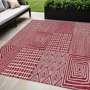 5' X 8' Red And Ivory Geometric Washable Indoor Outdoor Area Rug