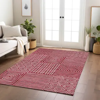 5' X 8' Red And Ivory Geometric Washable Indoor Outdoor Area Rug