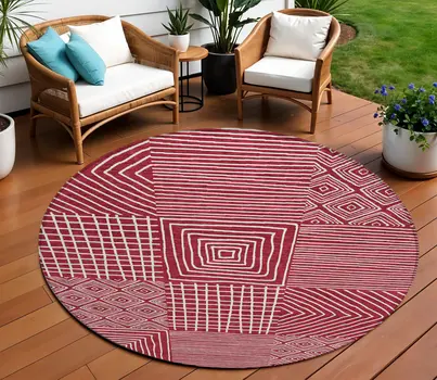 8' Red And Ivory Round Geometric Washable Indoor Outdoor Area Rug