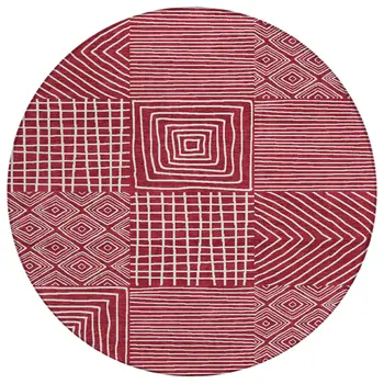 8' Red And Ivory Round Geometric Washable Indoor Outdoor Area Rug
