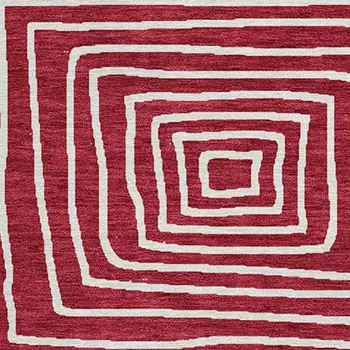 8' Red And Ivory Round Geometric Washable Indoor Outdoor Area Rug