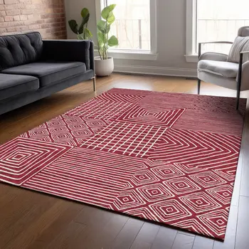 8' X 10' Red And Ivory Geometric Washable Indoor Outdoor Area Rug