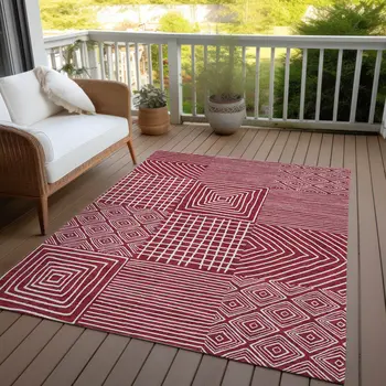 9' X 12' Red And Ivory Geometric Washable Indoor Outdoor Area Rug