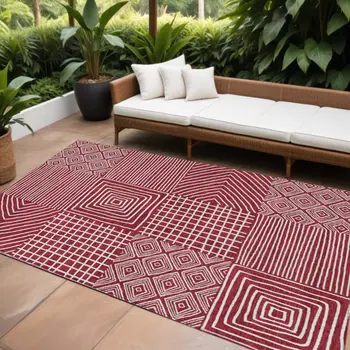 10' X 14' Red And Ivory Geometric Washable Indoor Outdoor Area Rug
