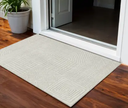 3' X 5' Ivory And Beige Geometric Washable Indoor Outdoor Area Rug