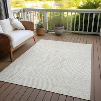 5' X 8' Ivory And Beige Geometric Washable Indoor Outdoor Area Rug