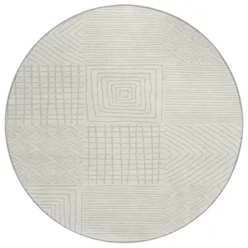 8' Ivory And Beige Round Geometric Washable Indoor Outdoor Area Rug