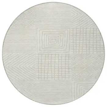 8' Ivory And Beige Round Geometric Washable Indoor Outdoor Area Rug