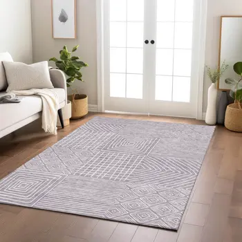 8' X 10' Lavender And Ivory Geometric Washable Indoor Outdoor Area Rug